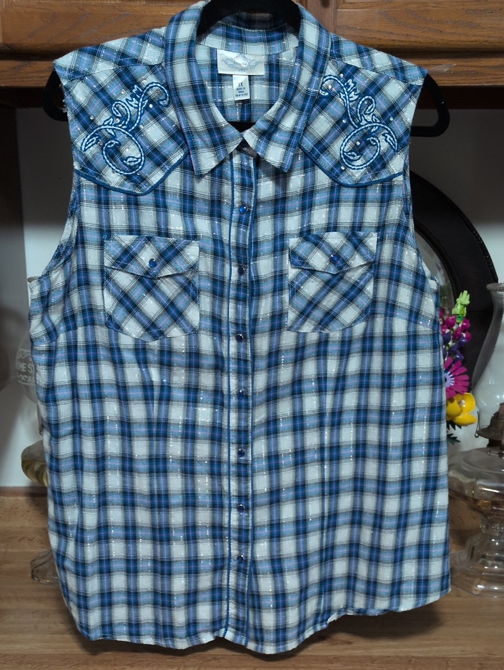 Sleeveless Blue Plaid Western Shirt - , Size 1x